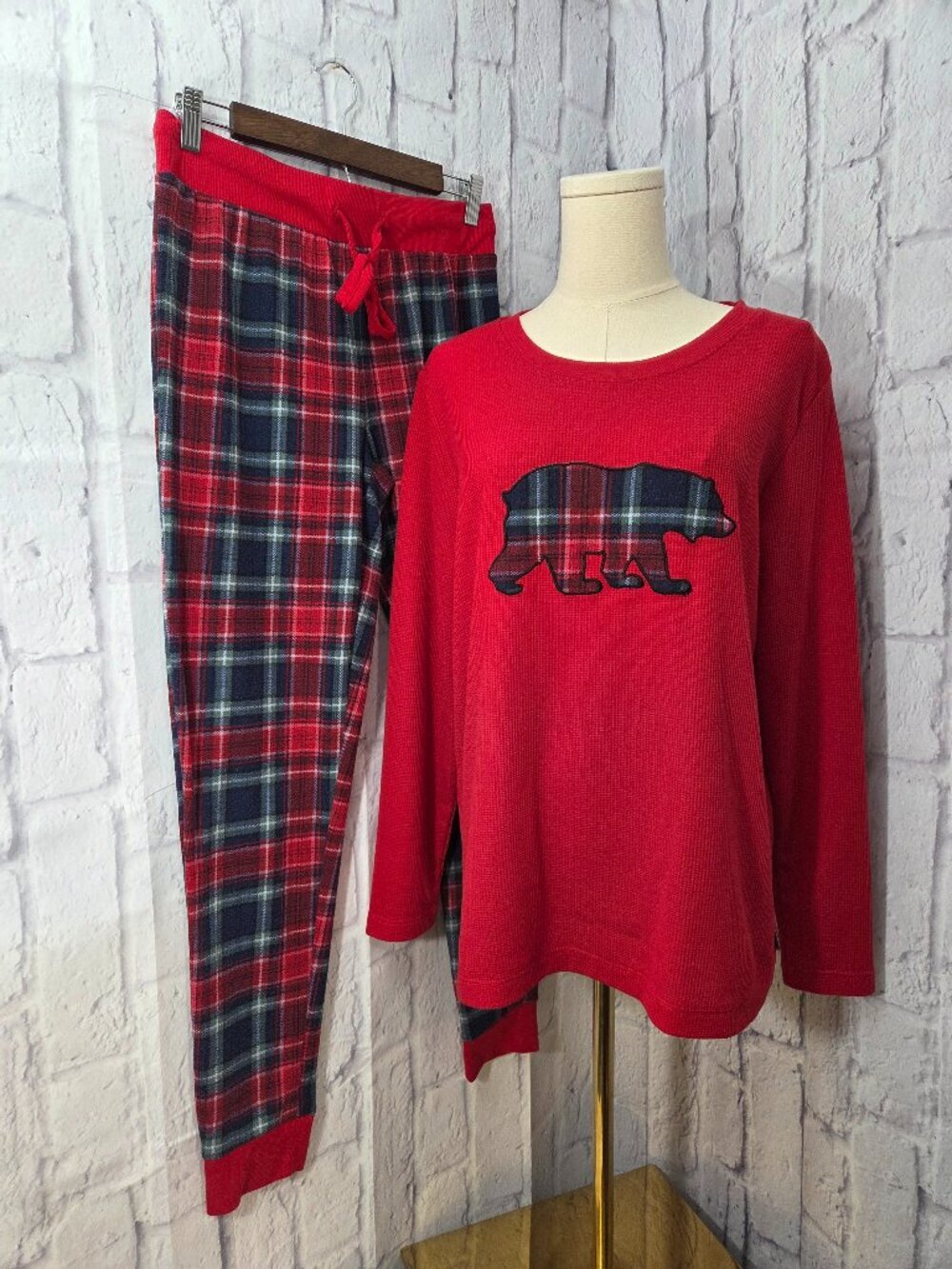 Eddie Bauer S Red Plaid Bear Print Longsleeve Flannel Lounge Pajama Set Flaw